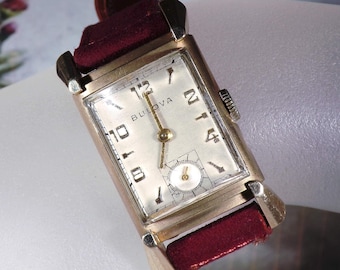 Unisex Wrist Watch - Vintage 10K Gold Filled Bulova Mechanical Wrist Watch = Tank Wristwatch - Gentlemen/Ladies, Burgundy Leather Suede Band
