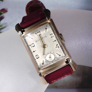 Unisex Wrist Watch - Vintage 10K Gold Filled Bulova Mechanical Wrist Watch = Tank Wristwatch - Gentlemen/Ladies, Burgundy Leather Suede Band