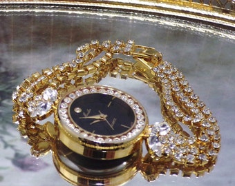 Womens Wrist Watch - Moulin Rhinestone Blingy Wrist Watch – Black Face & Crown - Quartz Watch - Analog Wrist Watch - Vintage Wristwatch