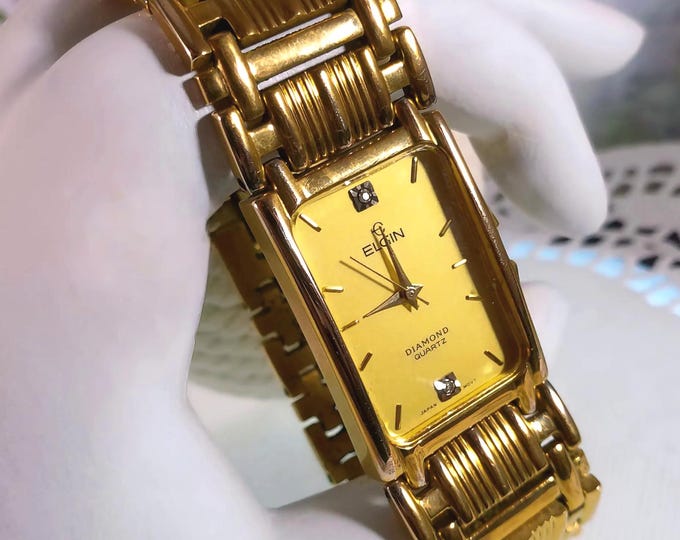 Vintage Elgin Men's Diamond Quartz Wrist Watch: Rectangular Gold-Plated Wristwatch