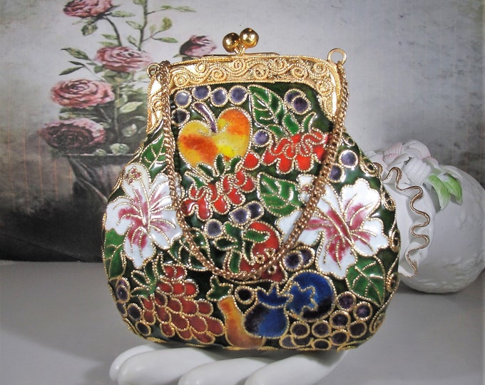 Purse Ornament - Christmas Ornament - Embellished Cloisonne Enamel Purse Ornament with Gold Gilt Throughout - Vintage Home Decor Purse