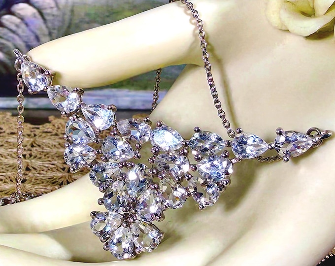 Sterling Necklace – White Pear-Shaped White Topaz Accessory – Rhodium Coated - Choker – Vintage Estate Piece