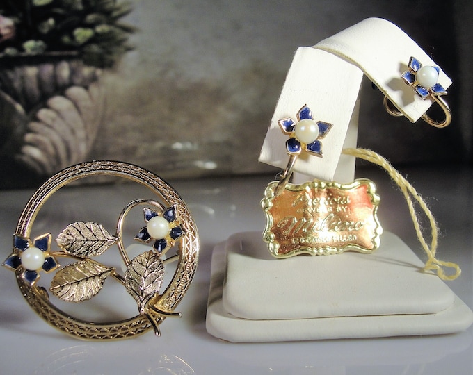 Brooch and Earrings Set, Vintage Milano 12K Gold Filled Cultured Pearl & Blue Enamel Flower Brooch and Earrings Jewelry Set