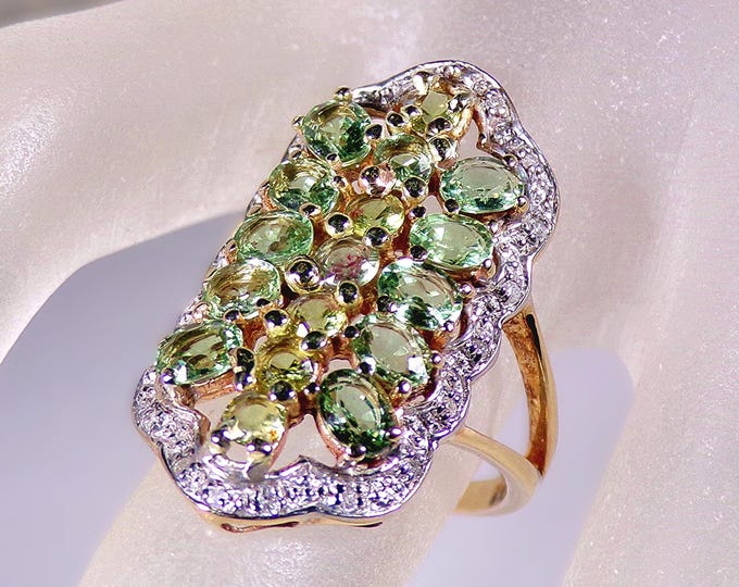 14k Art Deco Sapphire Ring – Light Green and Blue Teal Sapphires – Yellow & White Sapphires – Genuine Diamonds – Vintage Ring – Free Sizing!