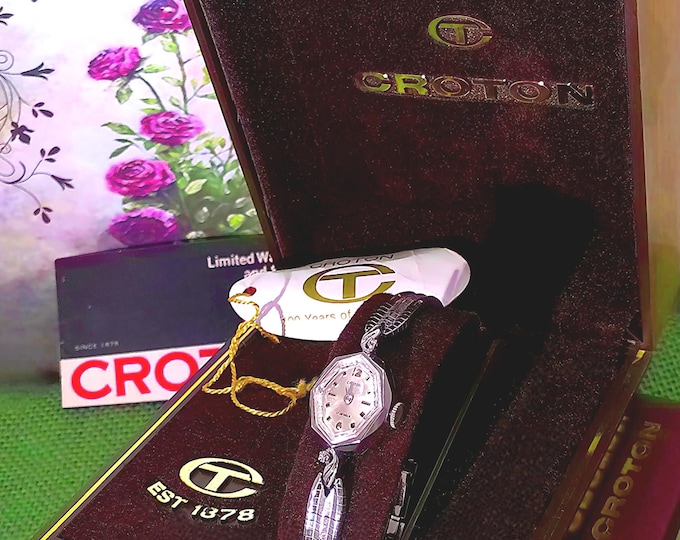 Women’s Croton White Gold Duchess Watch with 2 Diamonds and Mother of Pearl Face – 17 Jewels – Formal Feminine Ladies’ Vintage Watch (NOS)