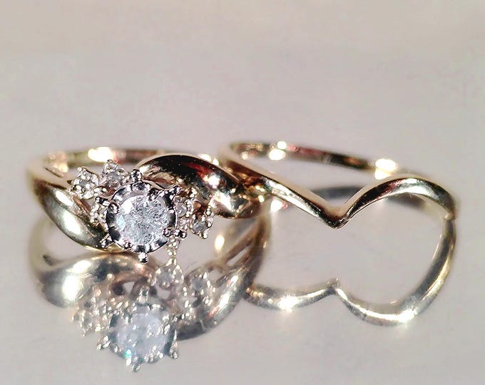 10K Gold Diamond Bridal Ring Set – Engagement Ring & Contour Band - Size 7 - Free Sizing