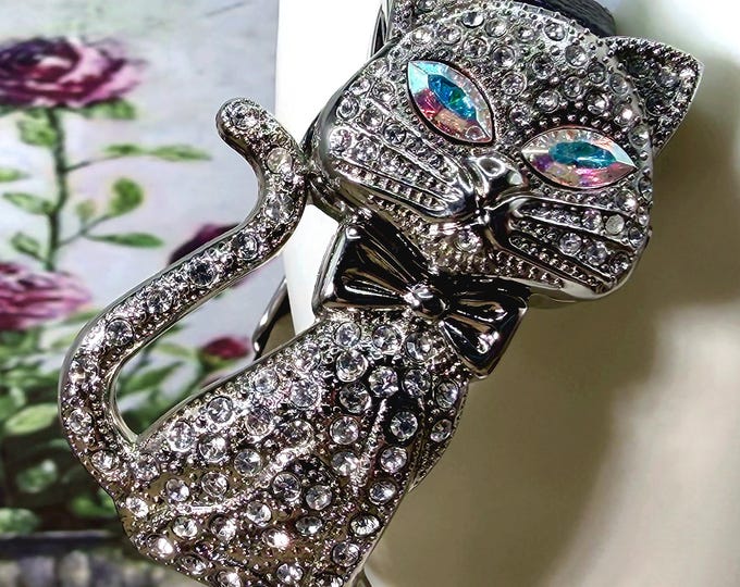 Rhinestone Cat Hinged Wristwatch, Quartz Clock, New Battery, Vintage Cat Watch