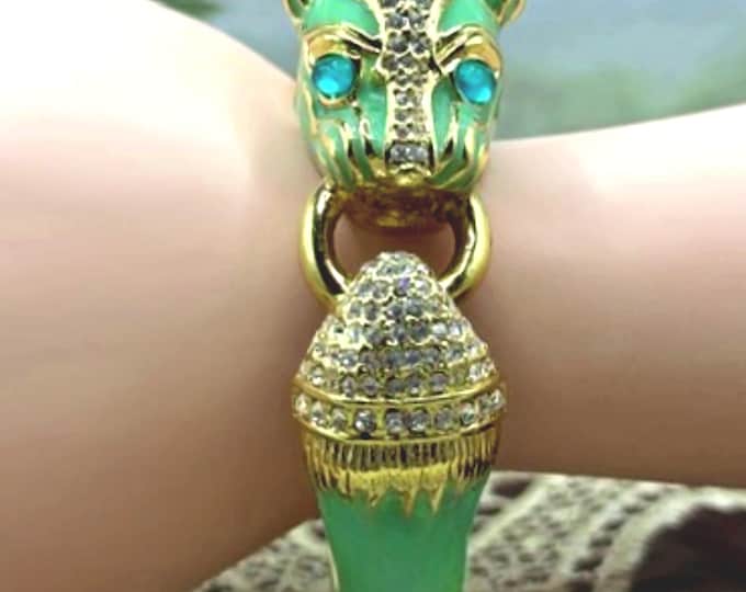 Rhinestone Encrusted Turquoise Cloisonne Big Cat Hinged Bangle – Cougar Puma Tiger Leopard