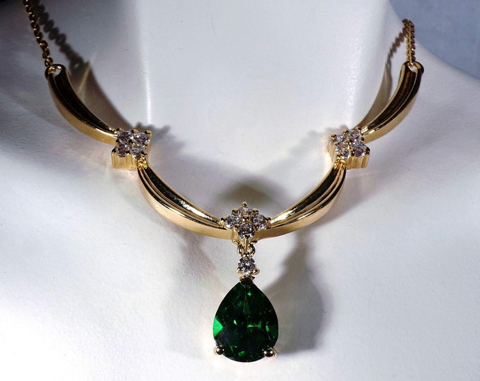 Gold Vermeil Necklace with Lab Created Green Emerald & Diamond Accents, Pear Shaped Emerald Drop, CZ Diamonds, 18” Chain, Vintage Necklace