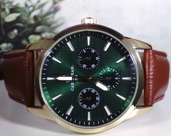 Mens Wrist Watch – Caribbean Joe Man's Faux Chronograph Green & Gold Wristwatch – Quartz Watch – 10" Band - New Battery – Vintage Mens Watch