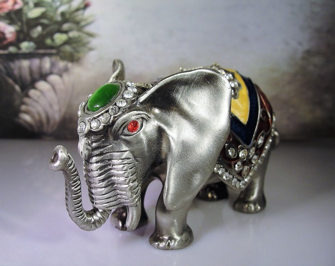 Trinket Box - Finished Pewter Elephant Bejeweled Hinged Trinket Box - Vintage Trinket Box - Magnetic Closure - Pewter Elephant - Collectible