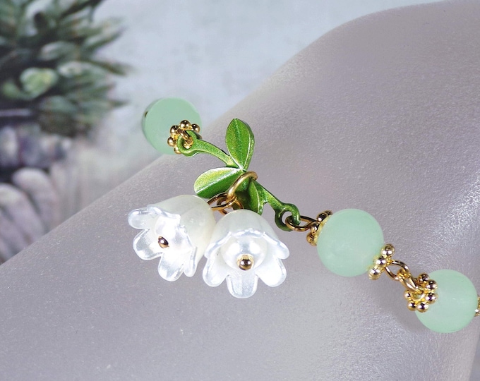 Sage Green Polished Stone Beaded Bracelet with a Pendant Style Lily of the Valley Flower Bracelet – Gold Plated Metal - Fashion Bracelet
