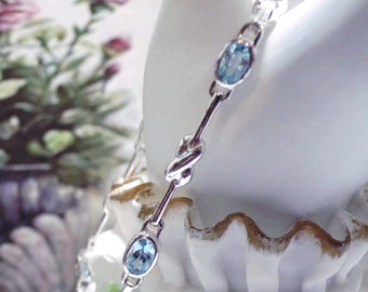 Blue Topaz Bracelet – Swiss Blue Topaz Sterling Silver Stacking Bracelet – Genuine Topaz Gemstones – 925 Sterling Silver, Vintage Bracelet