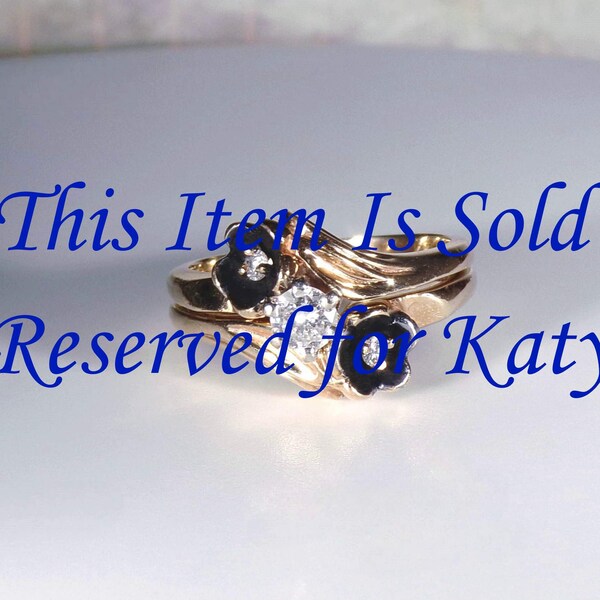 Reserved for Katy 7th Payment: Bridal Ring Set – 14K Gold .30 CTW Diamond Ring Set w/ 2 Black Enamel Flower Accents – Wedding Rings