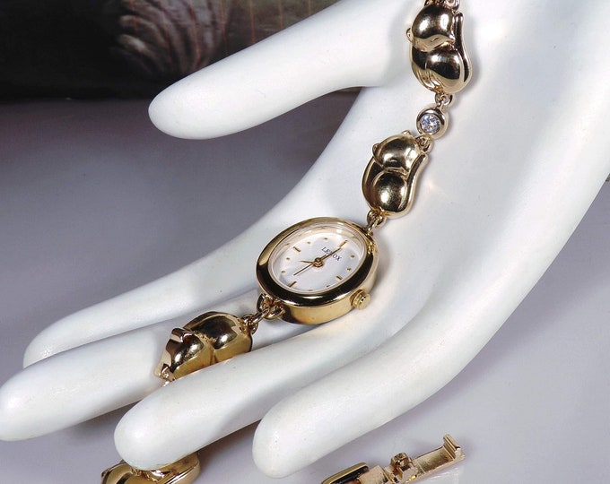 Lenox Collections “The Cozy Cats Wrist Watch” – Sleepy Kitty Watch – Sterling Silver – 24K Gold Plating - Vintage Wrist Watch (NOS)