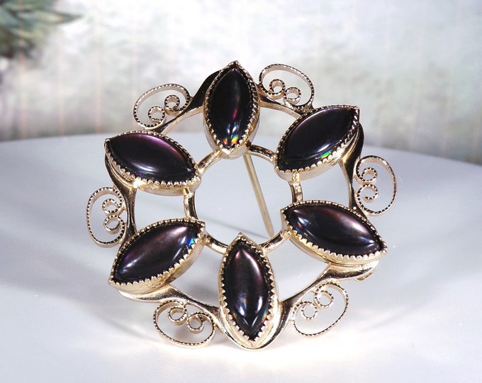 Vintage CATAMORE 12K Gold Filled Filigree Dark Purple Marquise Tourmaline Cabochon Brooch, Filigree Pin, Purple Brooch, 1950s Jewelry