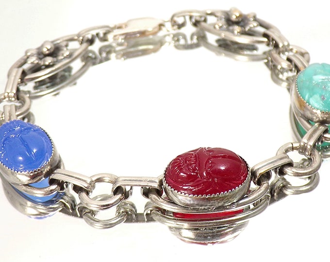 Bracelet – Egyptian Scarab -Tanzanite – Aquamarine - Garnet – Sterling Silver – Vintage