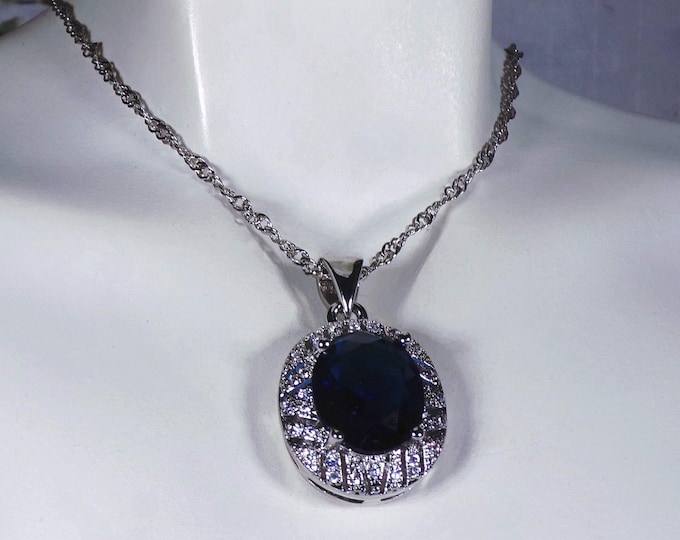 Sapphire Necklace - Art Deco Sterling Silver Synthetic Blue Sapphire & CZ Accents Necklace – Beautiful Geometric Design – Vintage (NOS)
