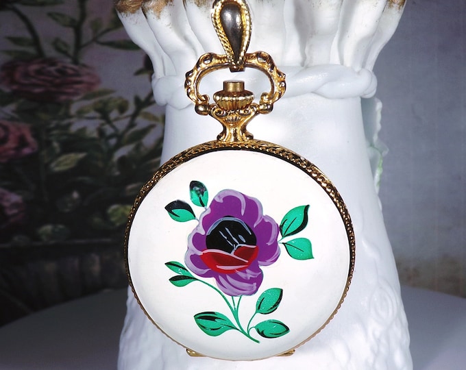 Sheffield Hand Painted Enamel Hunter Case Watch Pendant - Watch Necklace - Watch Pendant - Mechanical Wind Up Watch - Vintage Watch Pendant
