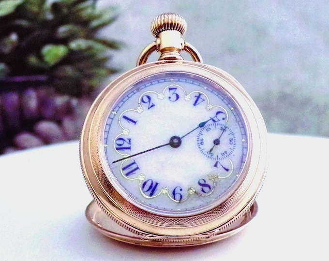 14K Pocket Watch – U.S. Watch Company Pocket Watch with Porcelain Enameled Dial – Sz 33.5mm – Antique Pocket Watch – Mechanical Pocket Watch
