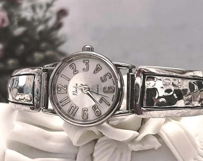 Womans Wrist Watch – Sterling Silver "Nadia" Hand Hammered Bangle Bracelet Wrist Watch – Quartz Watch – Prism Crystal - Vintage Wristwatch