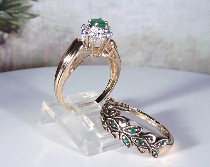 Bridal Ring Set - 10K Gold Green Emerald & Diamond Bridal Ring Set – Engagement Ring – Wedding Band – Wedding Rings – Size 5.5 – FREE SIZING