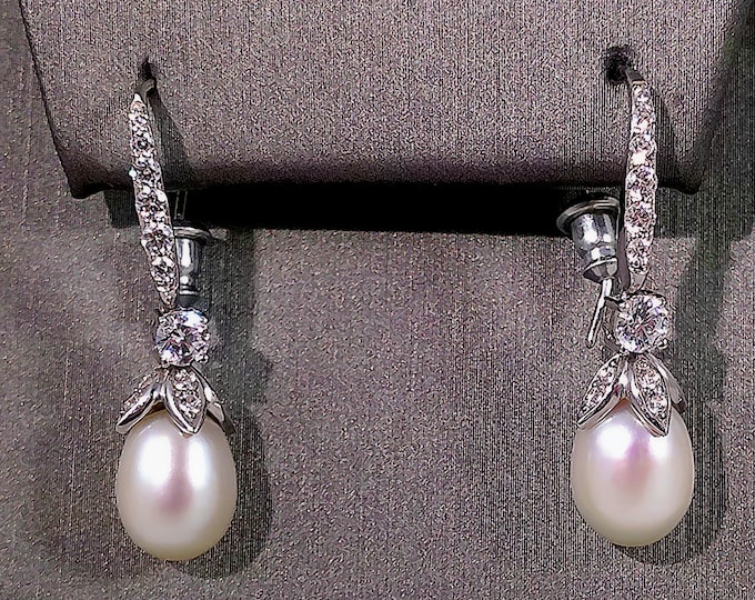 Vintage Pearl Drop Earrings: Sterling Silver, CZ Leaf Design