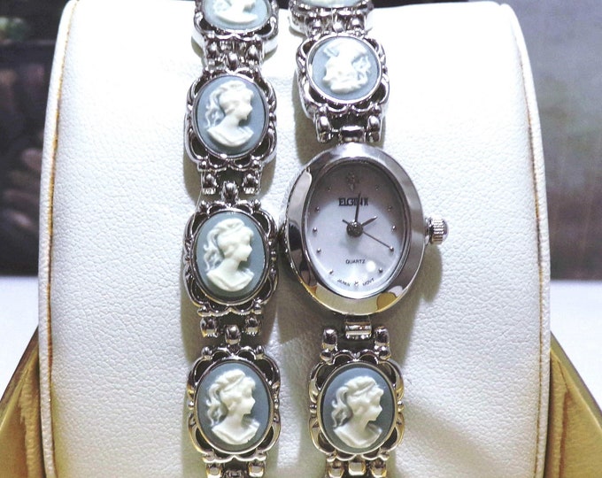 ELGIN Watch Set, Blue Wedgwood Cameo Wrist Watch and Bracelet Set, Silver Plated, Watch & Bracelet, Quartz Watch, Vintage Watch Set (NOS)