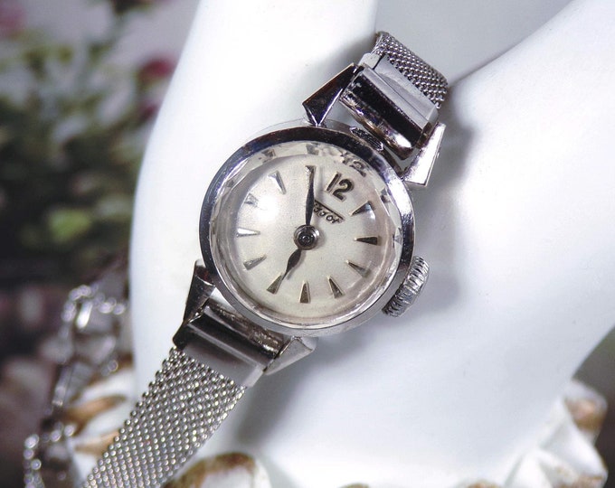 Womens Wrist Watch – 14K White Gold Tissot Swiss Made Petite Mechanical Wrist Watch– Mesh Band – Analog Watch – Small Watch - Vintage Watch