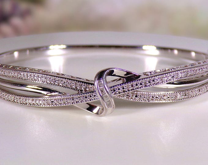 Sterling Silver Bangle – Sterling Silver Infinity Knot Genuine Diamond Hinged Bangle Bracelet – Womens Bangle Bracelet – Vintage Bracelet