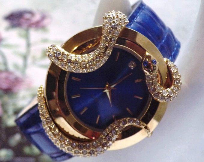 ADRIENNE COUTURE Collection – Limited Edition Swiss Movement Womens Wrist Watch – Snake Embellishment – Blue Sapphire Color – Vintage Watch