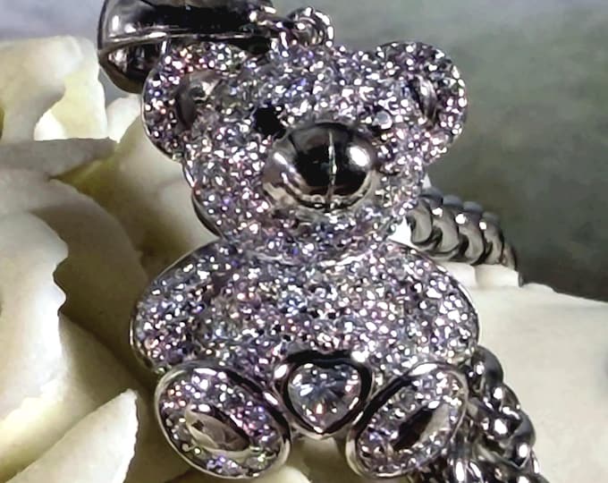 Sterling Silver Moissanite Teddy Bear Necklace – 3MM Wheat Chain – 2 CTW Gemstone – Vintage Chain