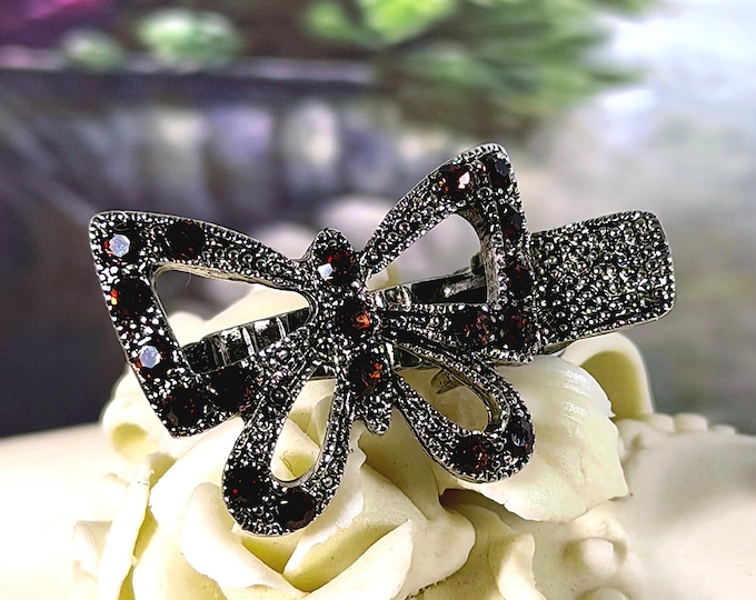 Hair Accessory – Butterfly Rhinestone Silver Tone Hair Clip – Burgundy, Root Beer Rhinestones – Vintage Barette