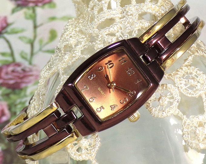 Womens Watch - Burgundy Brown and Gold - Arabic Numerals - Quartz - Second Hand - Circa 1990s