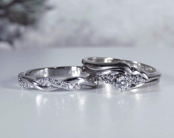 Vintage 14K White Gold Diamond Bridal Ring Set – Engagement Rings – Wedding Band – Minimalist Ring Set - Wedding Rings – S 4.5 – FREE SIZING
