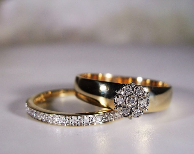Bridal Ring Set, 10K Diamond Wedding Rings, Flower Cluster Engagement Ring, Diamond Wedding Band, Vintage Rings, Size 7, Free Sizing!!