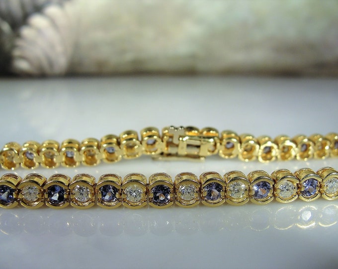 Tennis Bracelet, Vintage 14K Yellow Gold Tanzanite and Diamond Tennis Bracelet, Vintage Bracelet