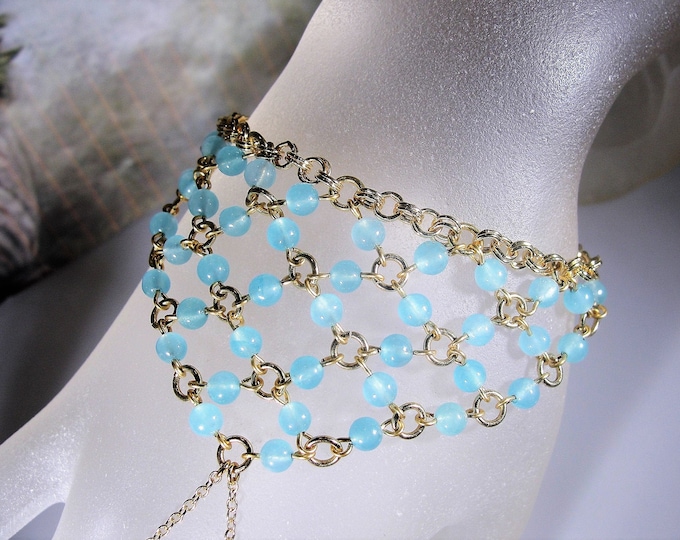 Hand Bracelet, Vintage Gold Plated Genuine Blue Aquamarine Beaded Hand Bracelet, Vintage Bracelet