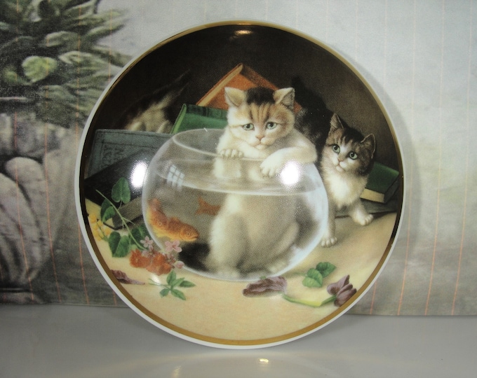 FALCON CHINA Porcelain Jar & Cover, Kitty Fishing in a Fish Bowl Scene, Trinket Box, Vanity Jar, Powder Jar, Candy Jar, Vintage Trinket Box