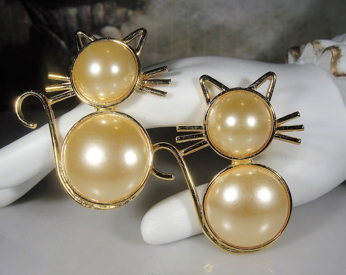 Cat Brooches, Faux Pearl Cat Brooch, Cat Scatter Pins, Kitty Brooch, Gold Tone Cat Brooch, Twin Cat Brooches, Vintage Brooch