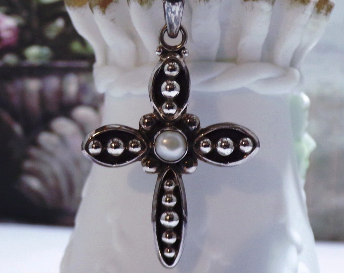 Silpada Sterling Silver Pearl Cross Necklace with Popcorn Accents, 18 Inch Chain, Genuine Freshwater Pearl, Vintage 925 Sterling Silver