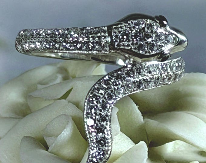 Sterling Silver CZ Snake Ring – Pave Encrusted - Black Eyes – Vintage Reptile Jewelry - Free Sizing