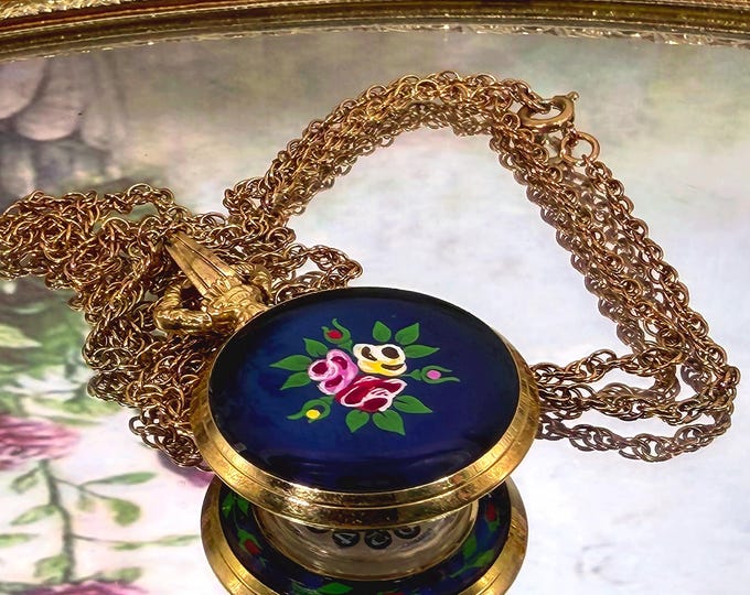 Lamarque Petite Watch Pendant - Hand Painted Floral Design w/ Cobalt Blue Enamel - Mechanical Watch