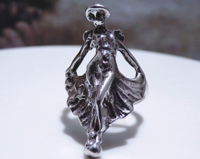 Art Nouveau Ring - Figural Ring - Unique Sterling Silver Ring - Art Nouveau Goddess Ring - Women with Flowing Gown Ring – S7 – FREE SIZING!!