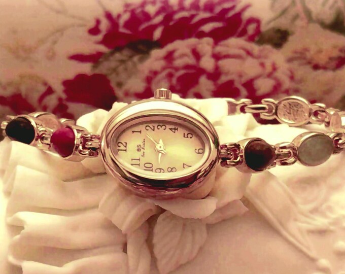 Vintage Bejeweled Cabochon Bracelet Watch: Polished Gemstones and Gold Plated (NOS)