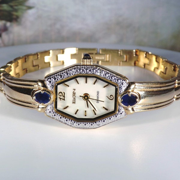 ELGIN Blue Sapphire and Diamond Wrist Watch - Ladies Wristwatch - Quartz Watch - Genuine Sapphire & Diamonds - Womens Watch - Vintage Watch