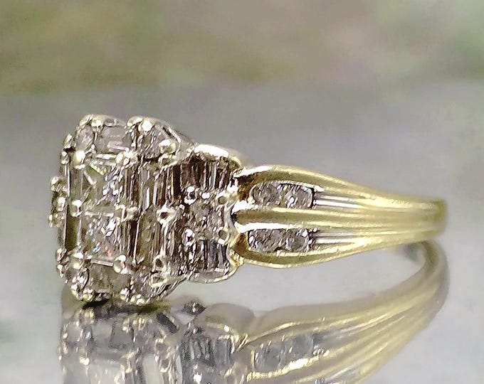 Genuine Diamond Ring – Princess and Baguette – Unique Bow Accent - 14K Yellow Gold - Vintage