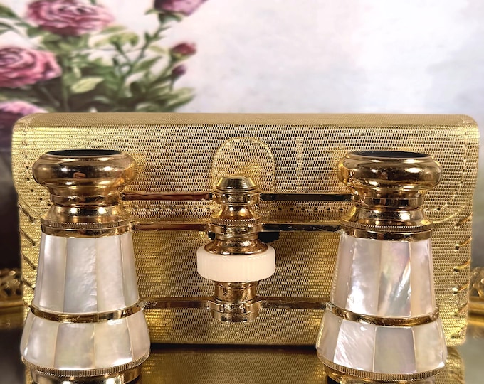 Korvette Mother of Pearl Opera Glasses, Yellow Gold Plated, Mini Binoculars, Theatre Glasses, Vintage