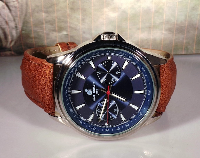 CARIBBEAN JOE Mens Faux Tachymeter Wrist Watch – Sapphire Blue Dial – 10" Brown Band – Quartz Watch – New Battery – Vintage Watch (NOS)