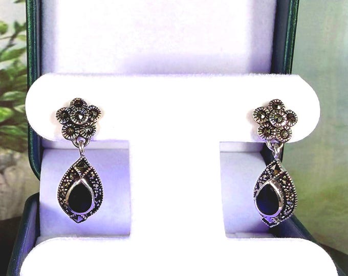Sterling Silver Onyx Flower Dangle Earrings – Stud Post Earring – Pierced Ears – Vintage Accessory